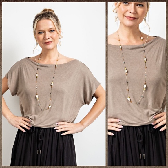 EASEL Ruched Sides Slouchy Short Dolman Sleeves Slinky Boat Neck Top Scooped Hem - Picture 11 of 13